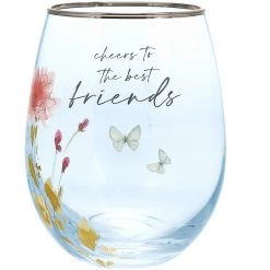 Meadows Of Joy Butterfly Floral 20 Oz. Stemless Wine Glass Cheers To The Best Friends