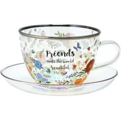Friends Make The World Beautiful Floral Glass Teacup And Saucer Set